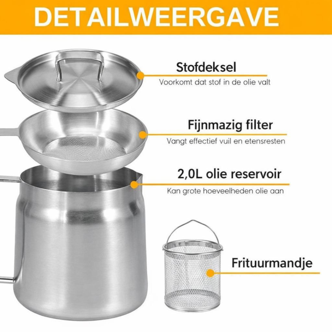 FryPan™ | Eén Compacte Oplossing voor Frituren, Filteren en Bewaren.