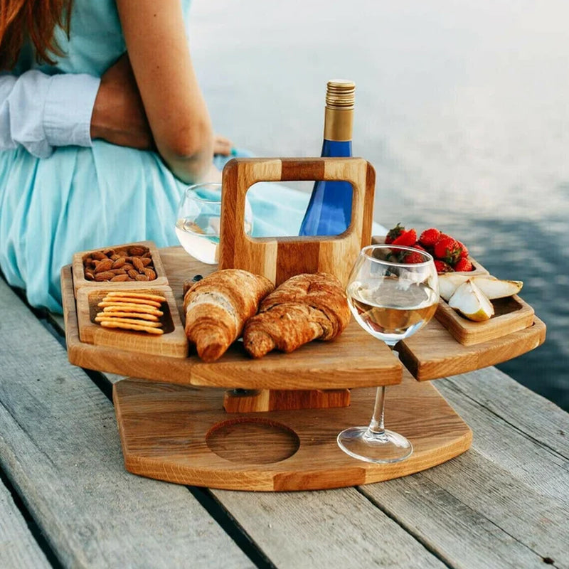 DoubleDeck Table - Draagbare Wijn- en Snacktafel – Houten Outdoor Tafel voor Borrelen in de Tuin en Picknick