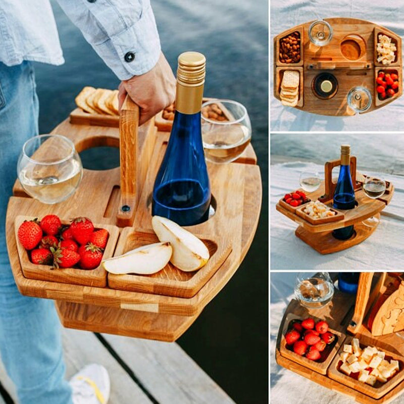 DoubleDeck Table - Draagbare Wijn- en Snacktafel – Houten Outdoor Tafel voor Borrelen in de Tuin en Picknick