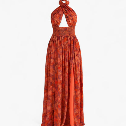 Zomerjurk Dames Bordeaux - Lange met Bloemenprint