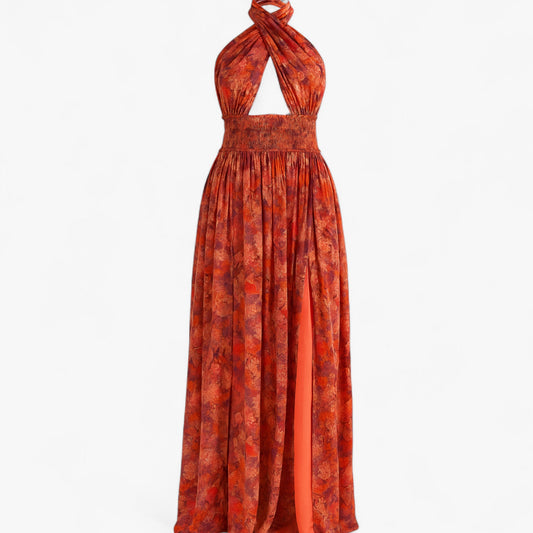 Zomerjurk Dames Bordeaux - Lange met Bloemenprint