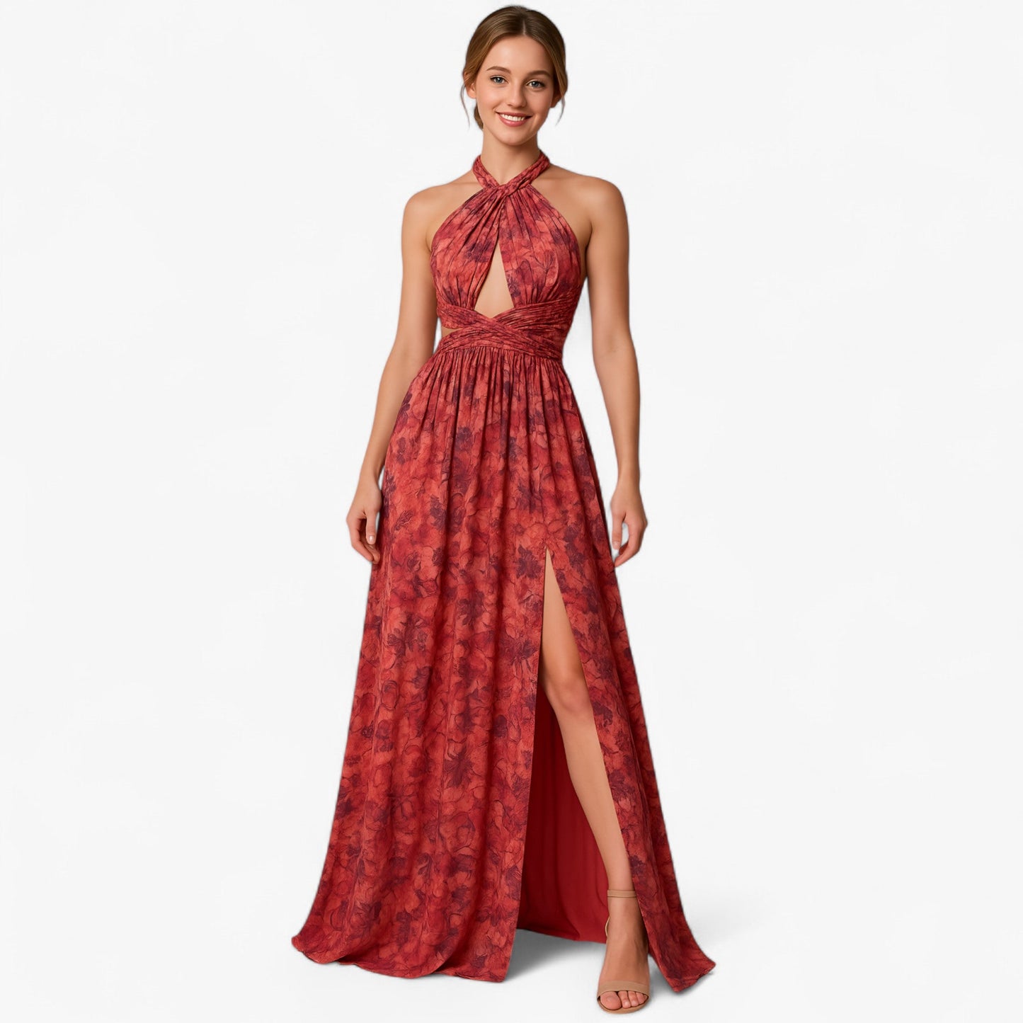 Zomerjurk Dames Bordeaux - Lange met Bloemenprint