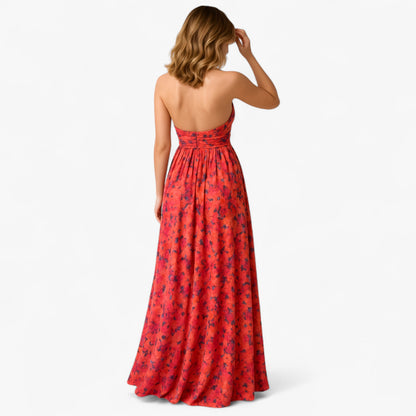 Zomerjurk Dames Bordeaux - Lange met Bloemenprint
