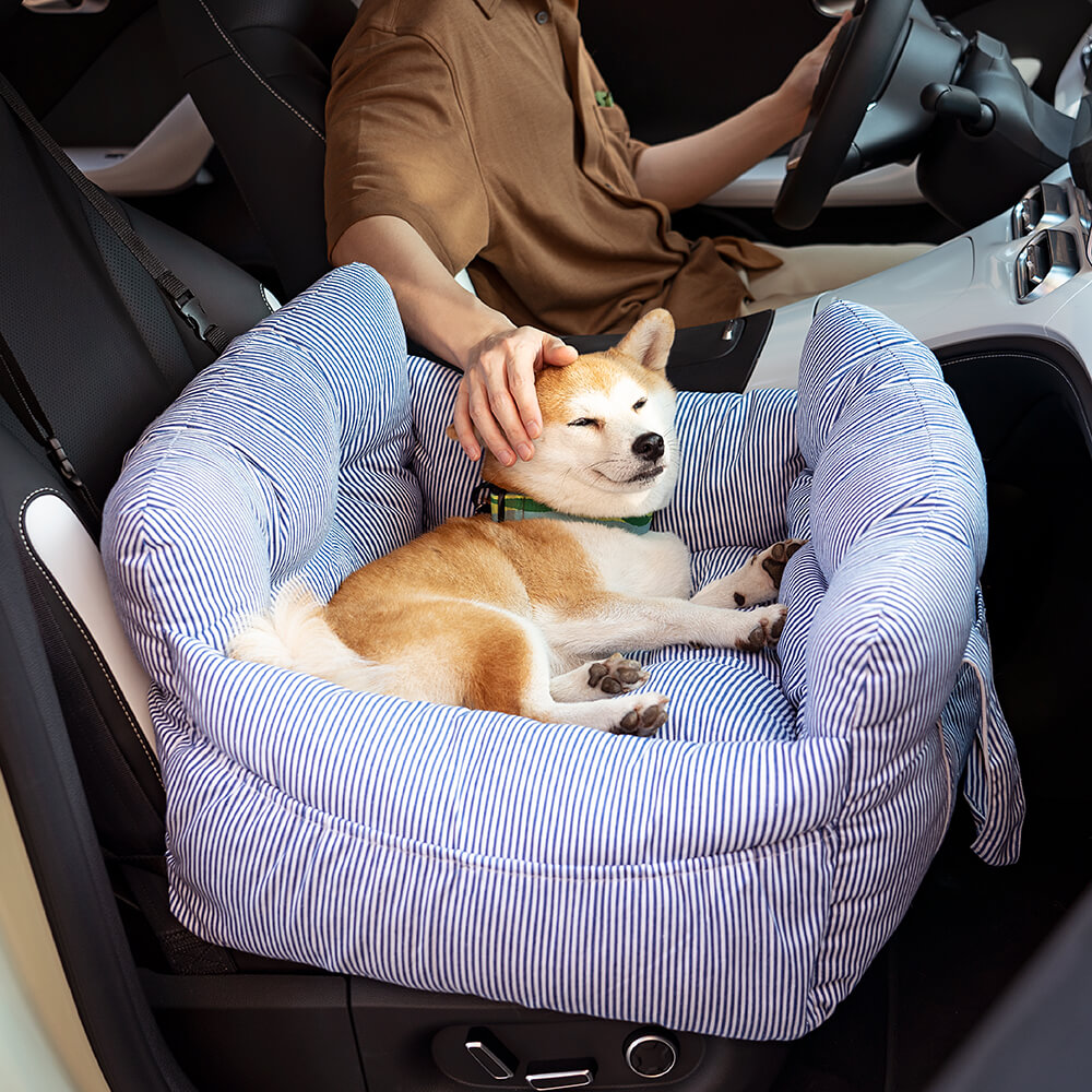 Honden Auto Mand Blauw-Wit Gestreepte Heren - Luxe & Comfortabele Autostoel voor Honden