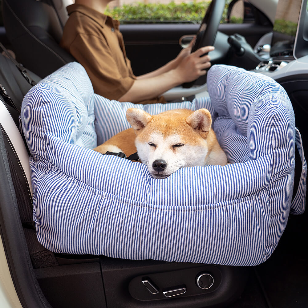 Honden Auto Mand Blauw-Wit Gestreepte Heren - Luxe & Comfortabele Autostoel voor Honden
