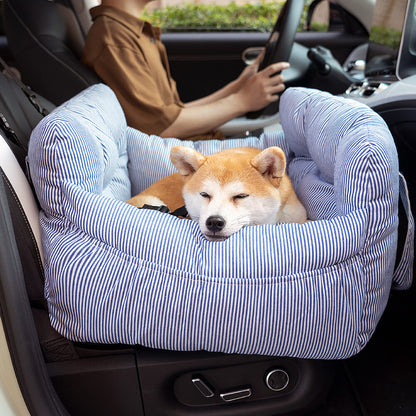 Honden Auto Mand Blauw-Wit Gestreepte Heren - Luxe & Comfortabele Autostoel voor Honden