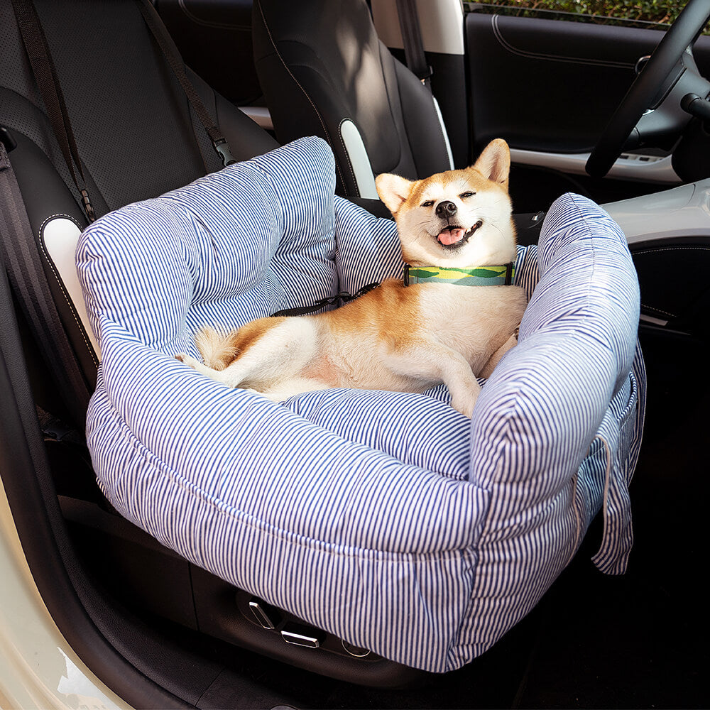 Honden Auto Mand Blauw-Wit Gestreepte Heren - Luxe & Comfortabele Autostoel voor Honden