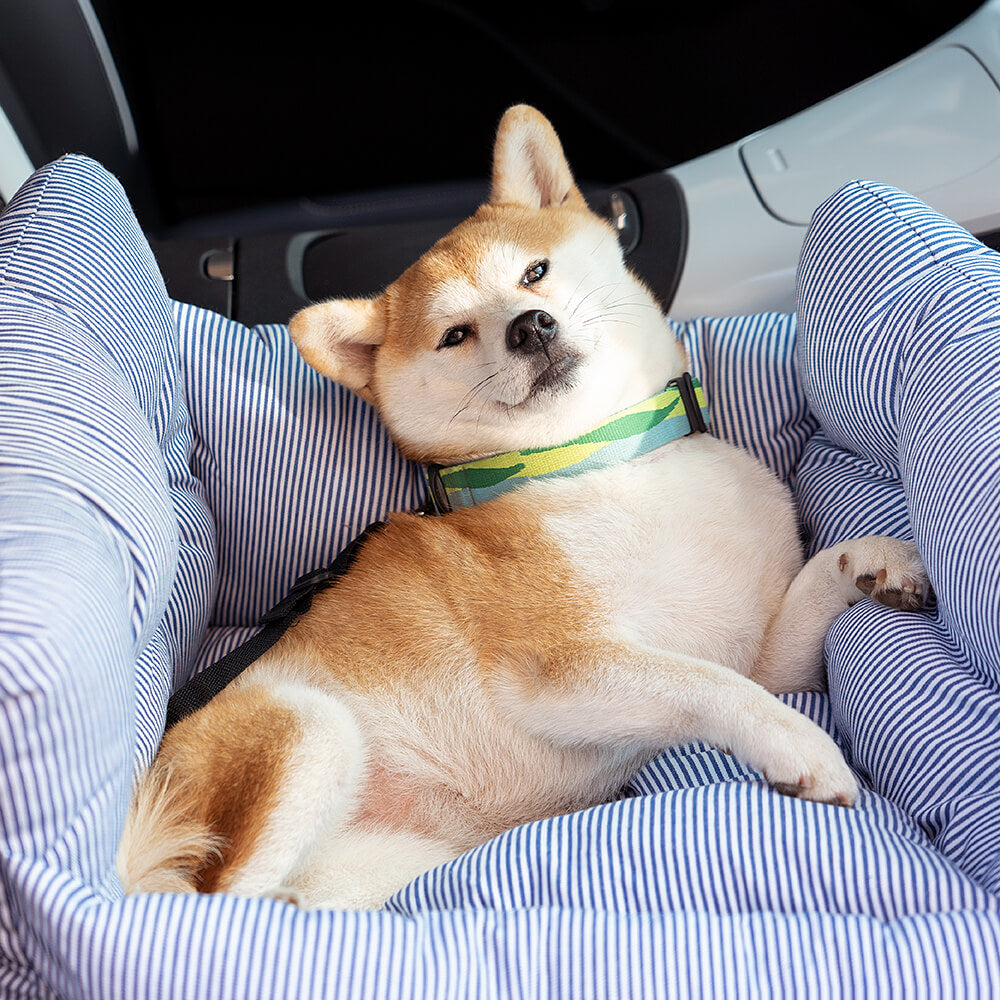 Honden Auto Mand Blauw-Wit Gestreepte Heren - Luxe & Comfortabele Autostoel voor Honden