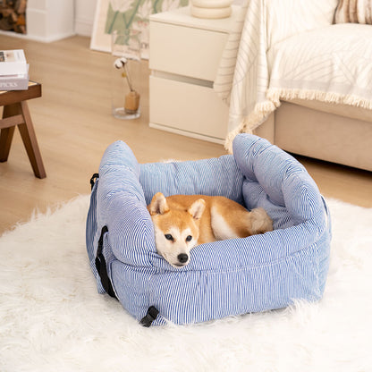 Honden Auto Mand Blauw-Wit Gestreepte Heren - Luxe & Comfortabele Autostoel voor Honden