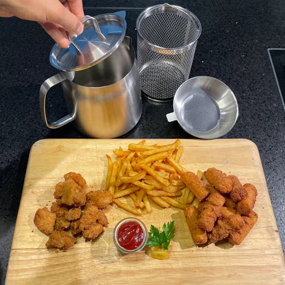 FryPan™ | Eén Compacte Oplossing voor Frituren, Filteren en Bewaren.