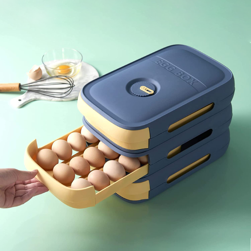 Eier Organizer voor keuken, automatische rollende eierhouder in diepblauw kunststof