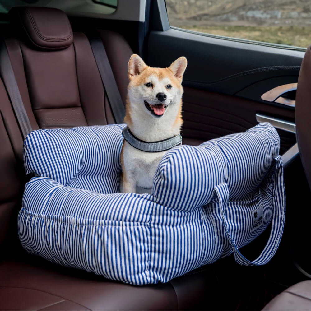 Honden Auto Mand Blauw-Wit Gestreepte Heren - Luxe & Comfortabele Autostoel voor Honden