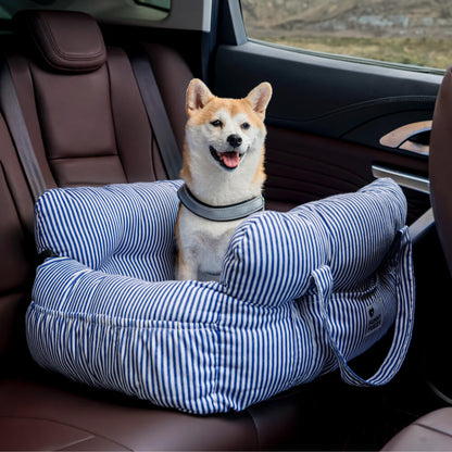 Honden Auto Mand Blauw-Wit Gestreepte Heren - Luxe & Comfortabele Autostoel voor Honden