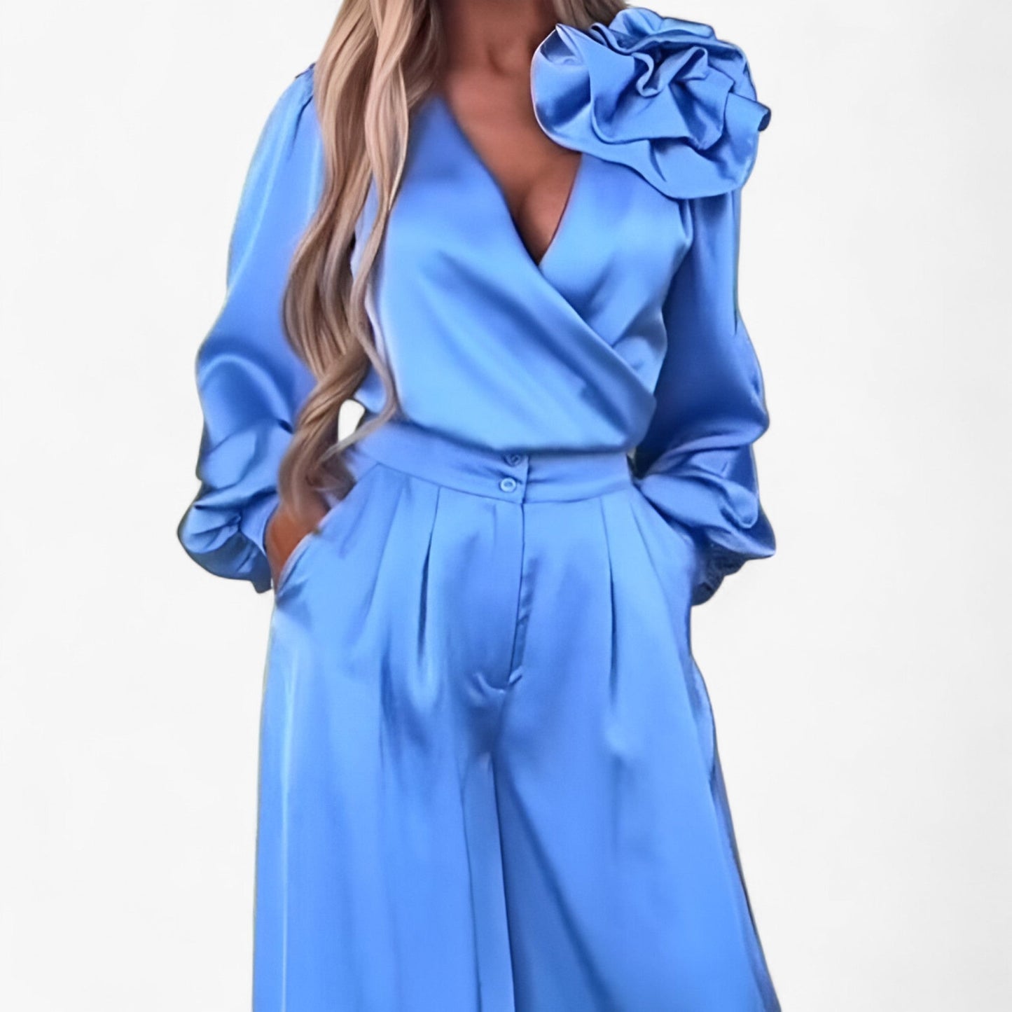 Damesset van Polyester V-hals Top en Wijde Broek - Blauw