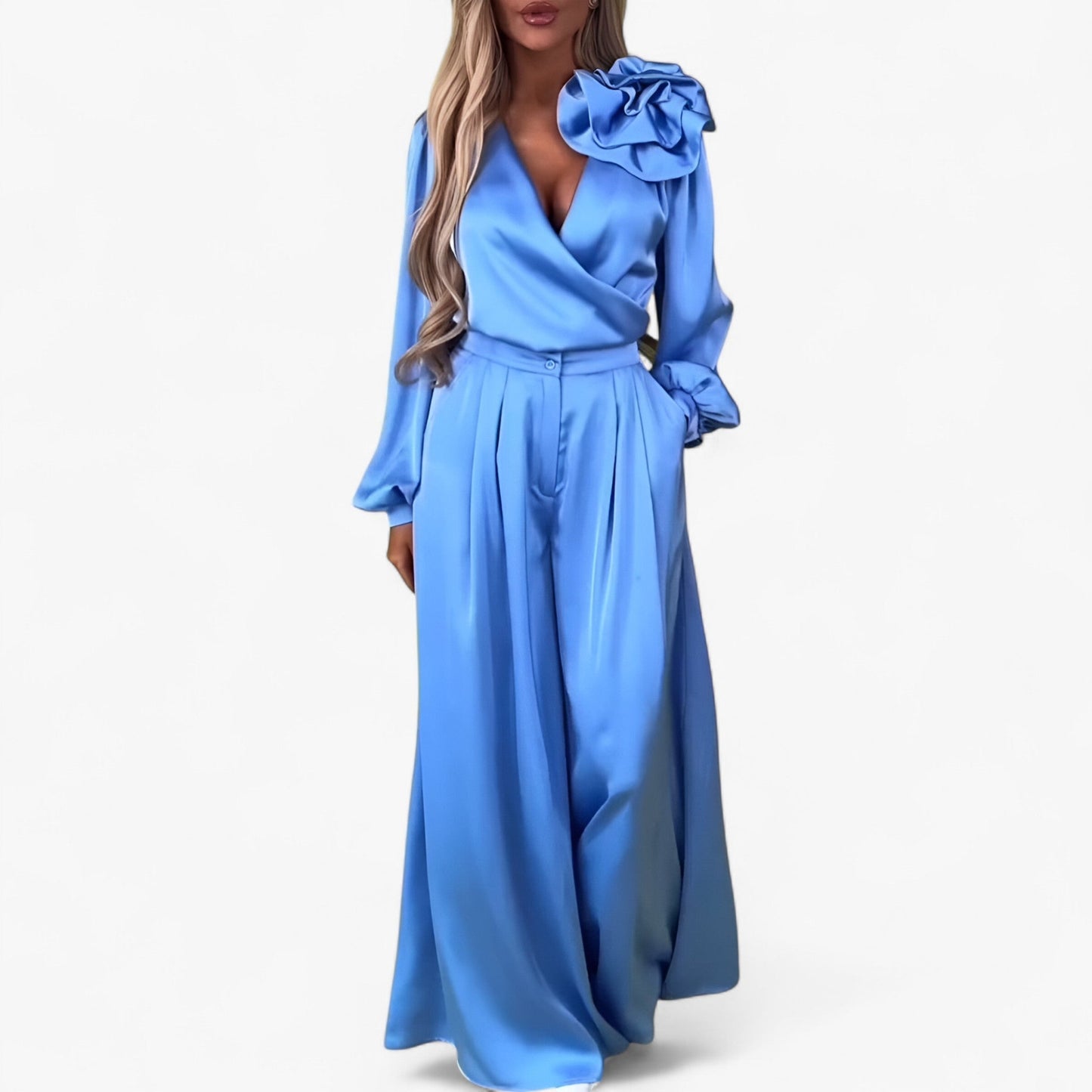 Damesset van Polyester V-hals Top en Wijde Broek - Blauw