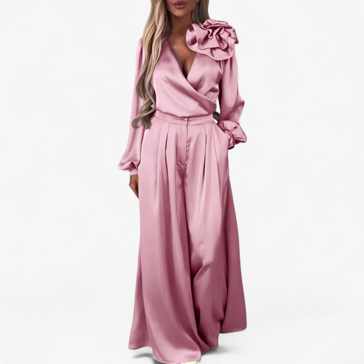 Damesset van Polyester V-hals Top en Wijde Broek - Blauw