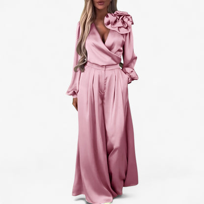 Damesset van Polyester V-hals Top en Wijde Broek - Blauw
