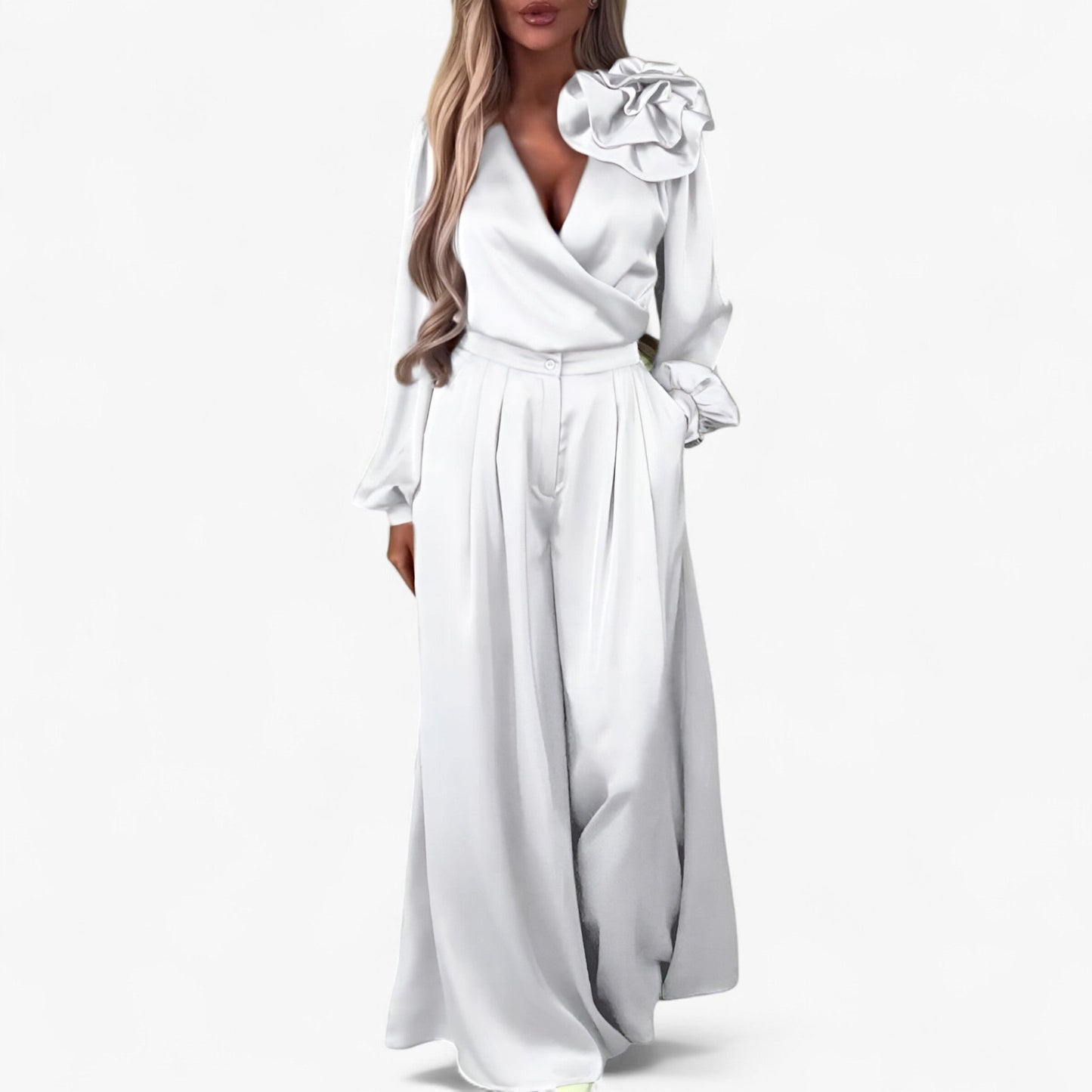Damesset van Polyester V-hals Top en Wijde Broek - Blauw