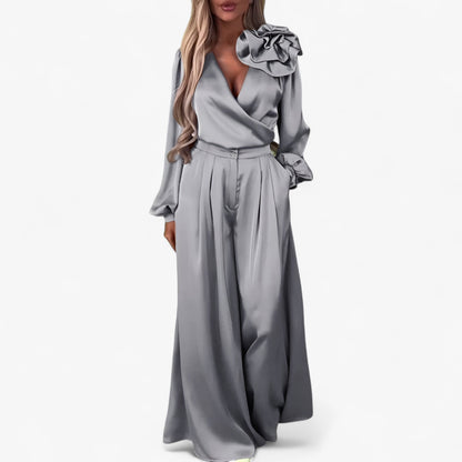 Damesset van Polyester V-hals Top en Wijde Broek - Blauw