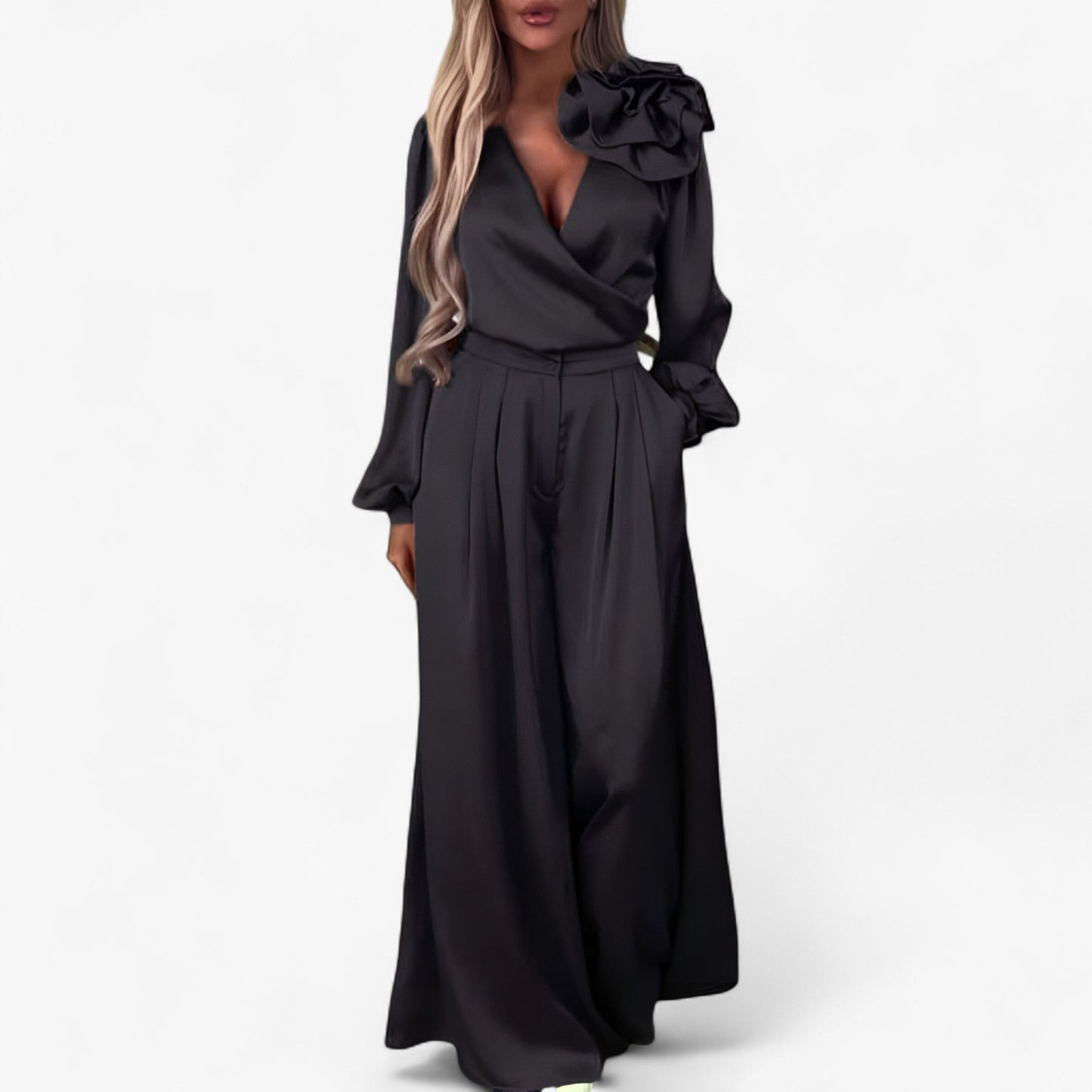 Damesset van Polyester V-hals Top en Wijde Broek - Blauw