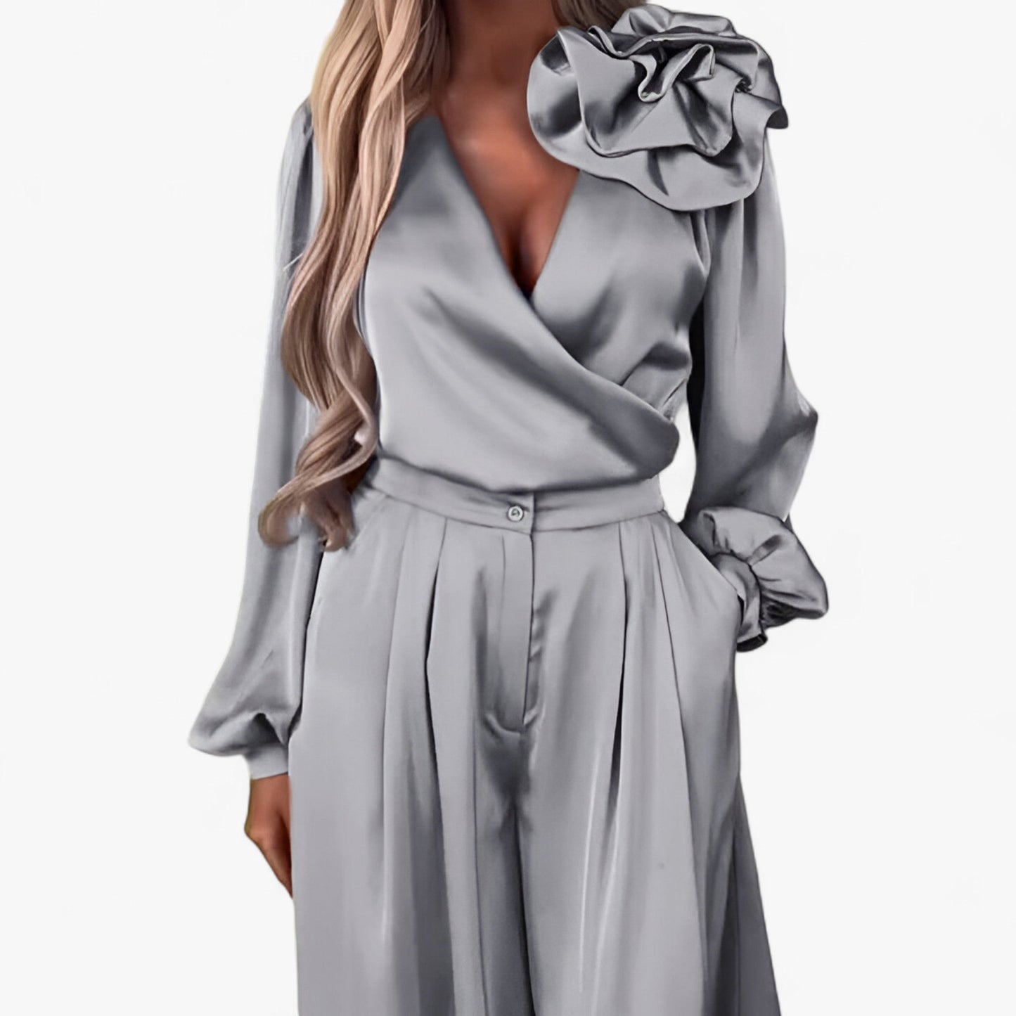 Damesset van Polyester V-hals Top en Wijde Broek - Blauw