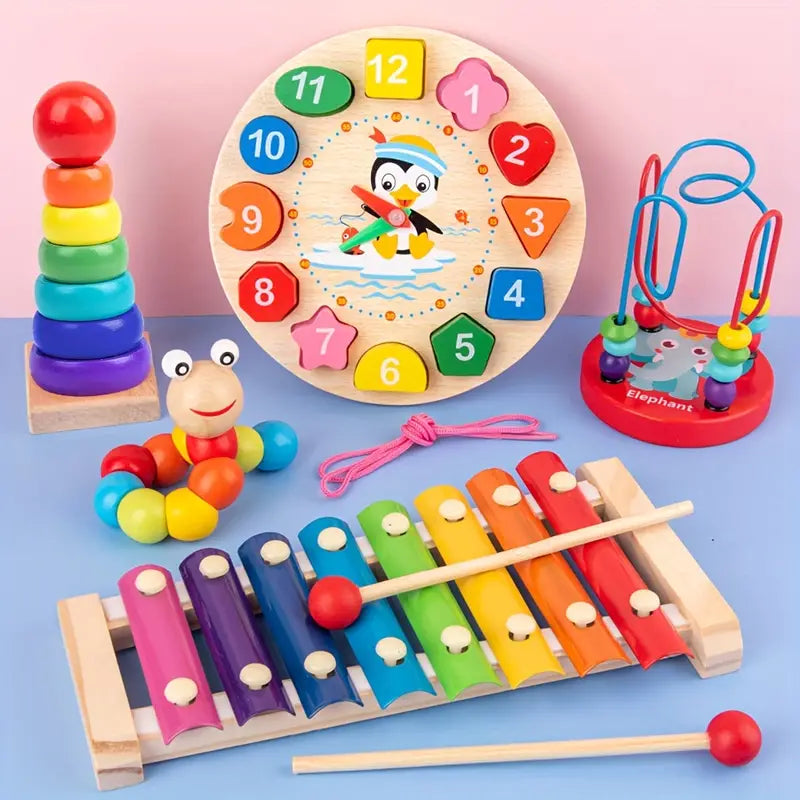 Montessori 5-in-1 Houten Speelset – Motoriek & Muziek vanaf 6 Maanden